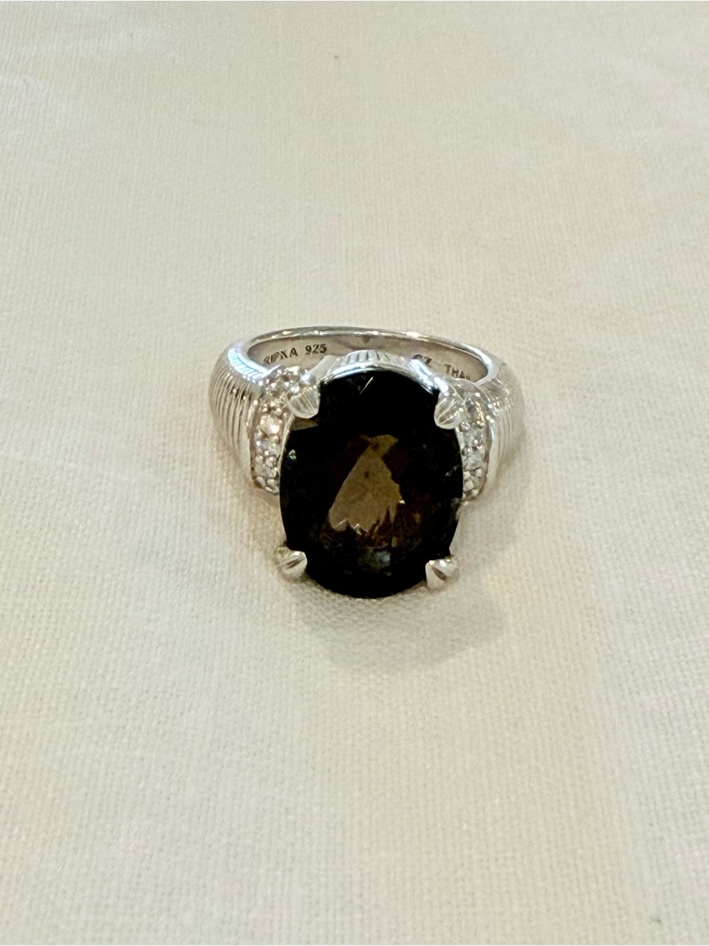 Judith Ripka 925 Sterling Silver Oval Smokey Quartz Prong Set Ring Size 7 Signed